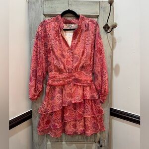 FATE FLORAL PRINT TIERED MINI DRESS IN PINK SIZE MEDIUM BOHO